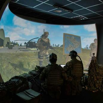Soldiers in a training centre using augmented or virtual reality for training purposes 