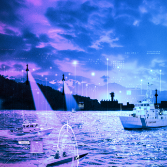 Representation of control tower monitoring and identifying vessel close to a coastline