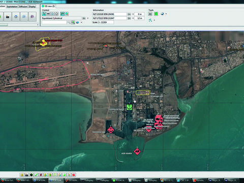 Satellite 3D imagery view of a coast with information detections