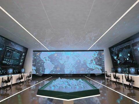 Big room with lots of computer working places and huge screens