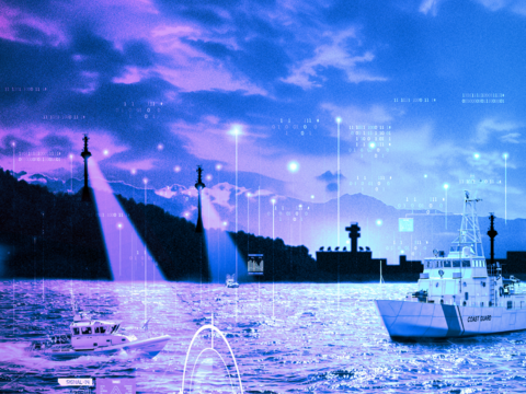 Representation of control tower monitoring and identifying vessel close to a coastline