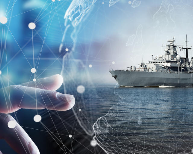 hand pointing to a digital bubble view with a frigate hand pointing to a digital bubble view with a frigate