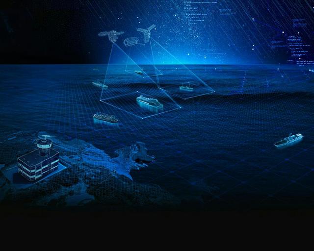 Representation of maritime surveillance with a control tower and its sensors, satellite imagery Representation of maritime surveillance with a control tower and its sensors, satellite imagery