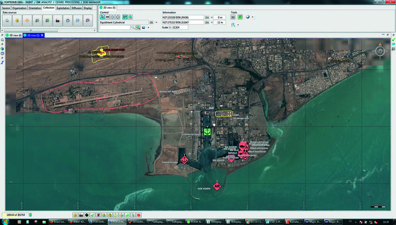 Satellite 3D imagery view of a coast with information detections